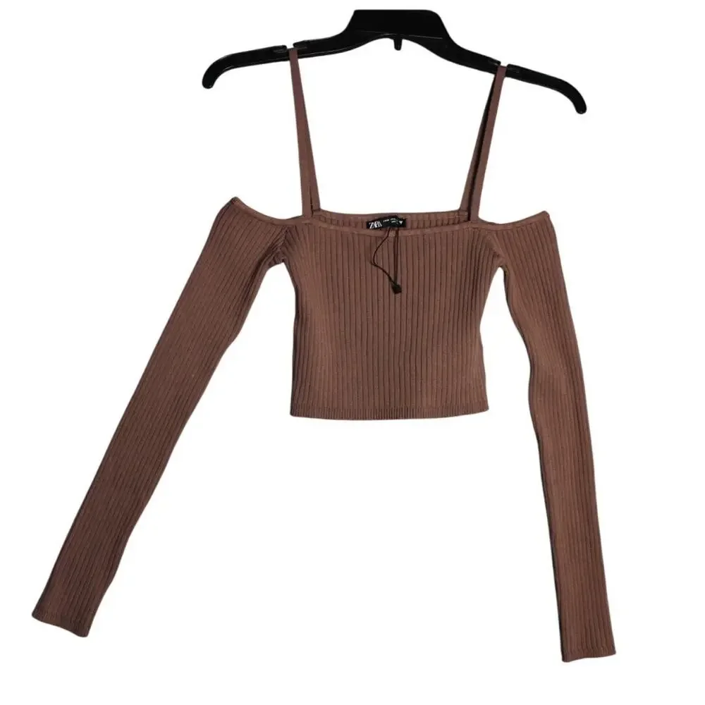 Zara New Brown Off the Shoulder Crop Top‎ Long Sleeve Size Medium